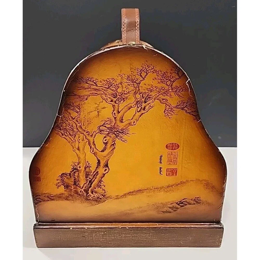 vintage Wooden Wine Caddy With Leather Handle Oriental Tree Art Work Very Unique